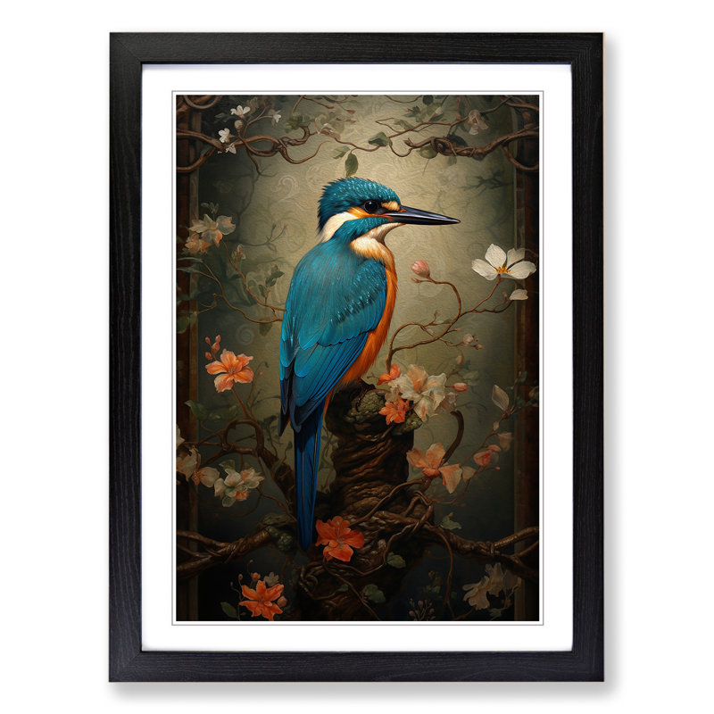 Kingfisher Victorian No.2 - Single Picture Frame Print on Wood, Black Framed, 34cm H x 25cm W