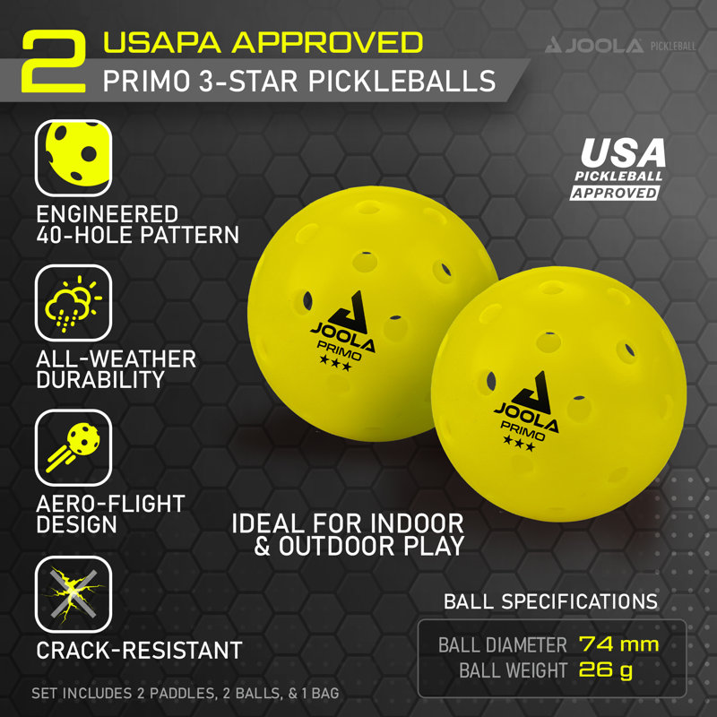 Joola Essentials Pickleball Paddles Set With Reinforced Fiberglass Surface And Honeycomb Polypropylene Core - Pickleball Set Includes 2 Pickleball Rackets, 2 Pickleball Balls, And Sling Bag