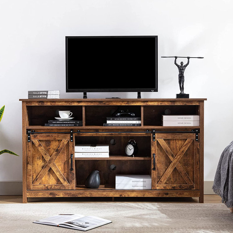 Meuble télé 57 pouces en bois pour téléviseur 60/65 pouces, meuble télé avec rangement double couche, douilles à double rangée avec porte de grange coulissante en bois