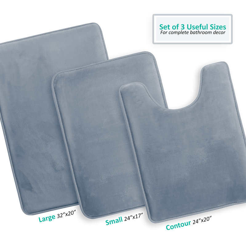 Ensemble de 3 tapis de bain en mousse viscoélastique ultra doux et absorbant avec envers antidérapant Aighan, Bleu pierre