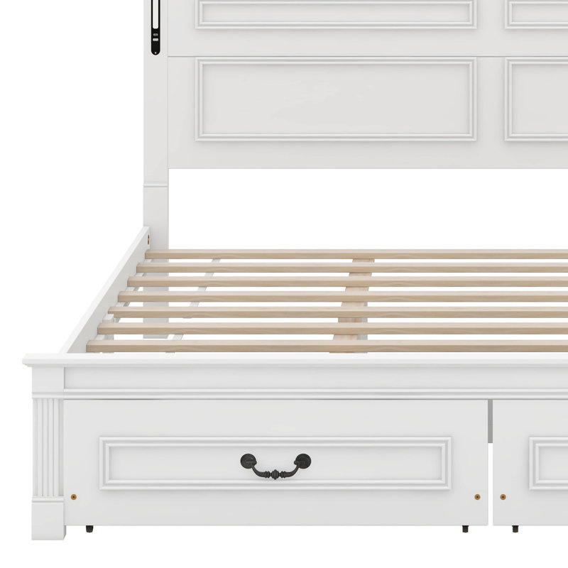 King Size Bed With Tall-Panel Headboard & Footboard, 2 Storage Drawers, Built-In LED Lights, White