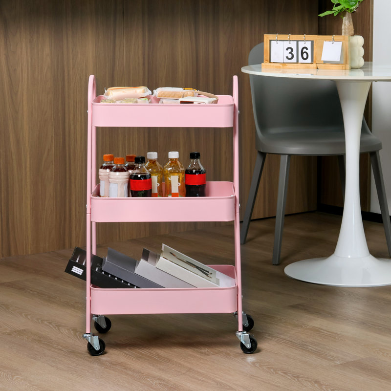 3-Tier Rolling Utility Cart with Locking Wheels, Metal Storage Organizer, Pink