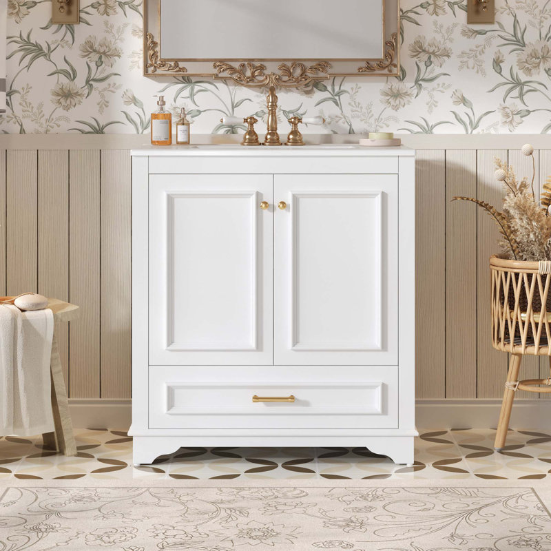 Meuble-lavabo de luxe 30 po avec lavabo en céramique, meuble-lavabo avec 2 grandes portes à fermeture douce, meuble de rangement en bois massif