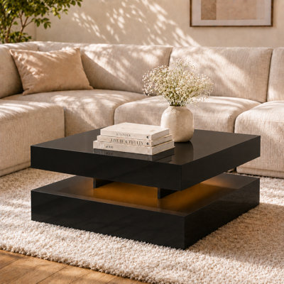 Led Coffee Table For Living Room, 2-Tier Modern Square Center Table With Music Sync Lights, High Gloss Surface, 30 3/4" X 30 3/4"