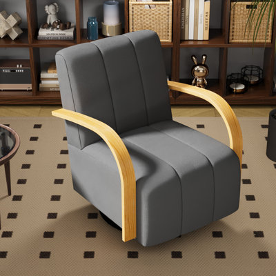 Upholstered Swivel Armchair With Solid Wood Armrests