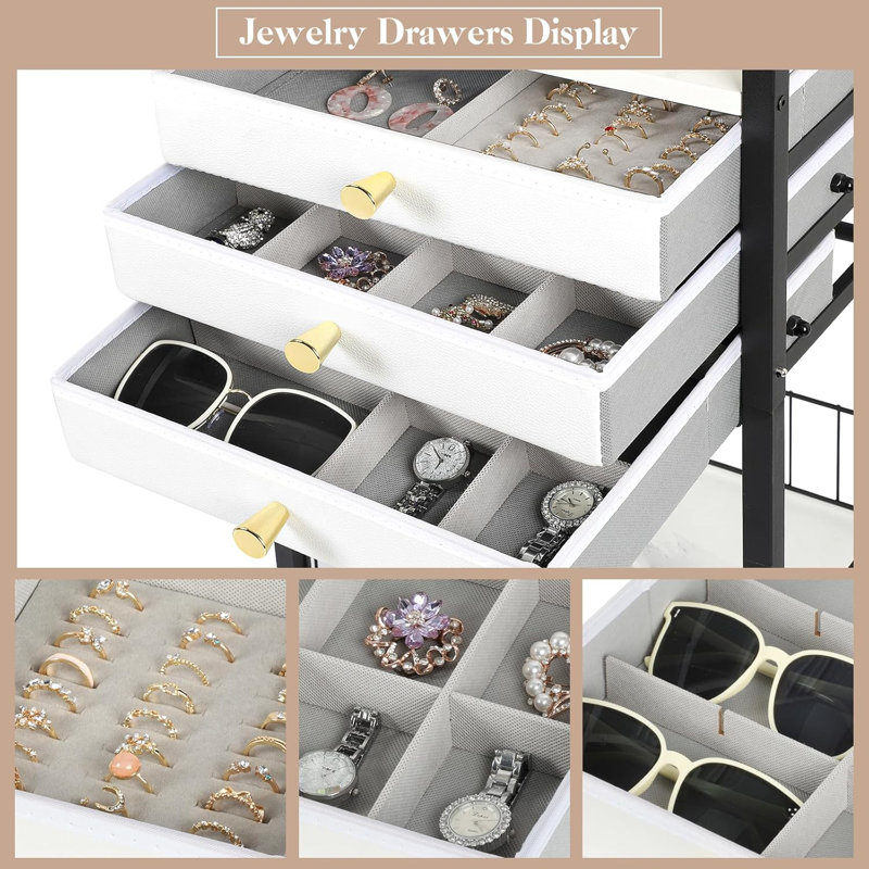 Large Black Metal Jewelry Stand with 3 Drawers