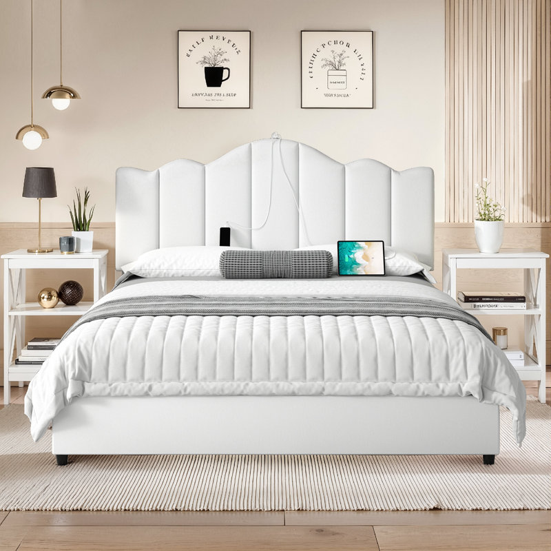 Queen Upholstered Bed With 2 Nightstands – Charging Station, Modern Bedroom Set, Queen, White
