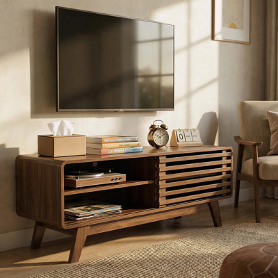 Meuble télé 46 po Mid-Century avec porte coulissante à lattes et rangement