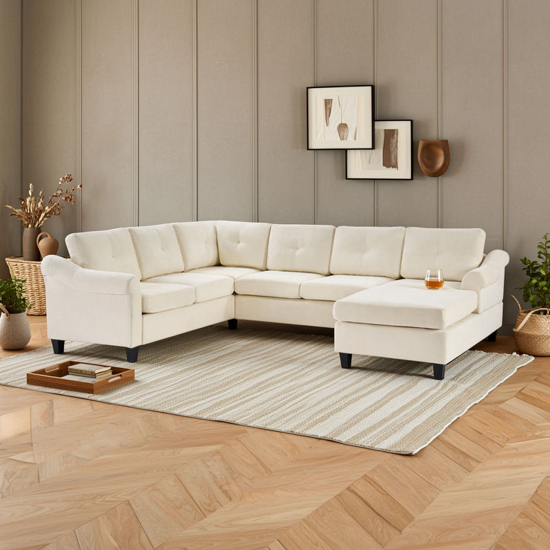 Canapé d'angle en forme de U avec dossier, accoudoirs et coussins de dossier capitonnés, Beige