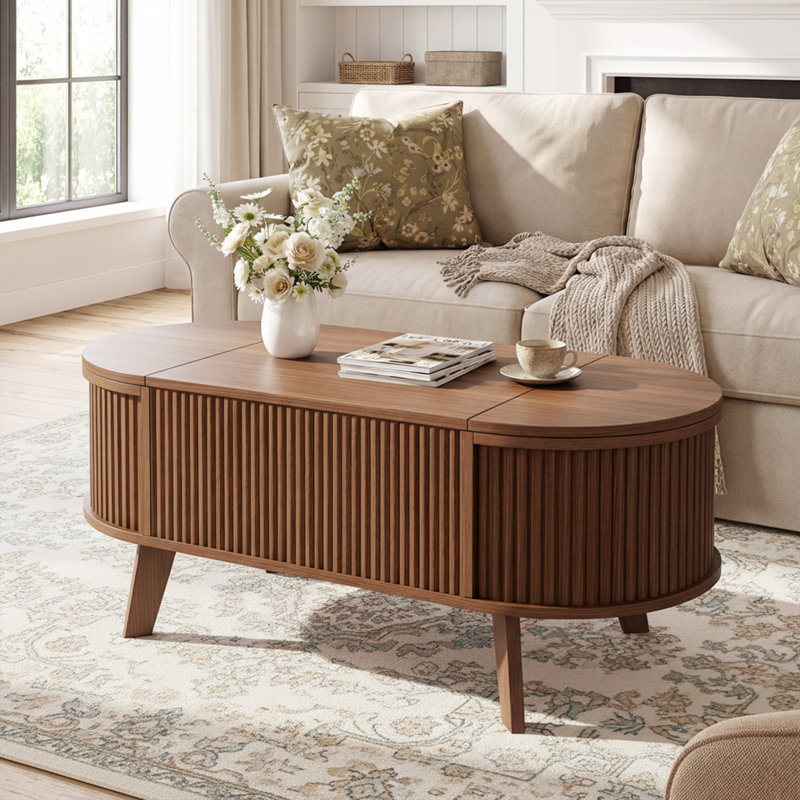 Lift Top Coffee Table with Storage, 31.5 Inch Modern Fluted Convertible Table with Hidden Compartments for Living Room