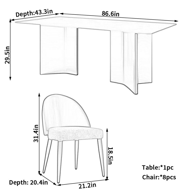 Ensemble de salle à manger rectangulaire Modern, H 29,5 po x L 86,6 po x l 43,3 po