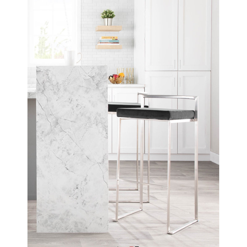 Tabouret de bar et de comptoir Derik, Acier inoxydable, Tabouret de bar (siège d'une hauteur de 31 po), Velours noir