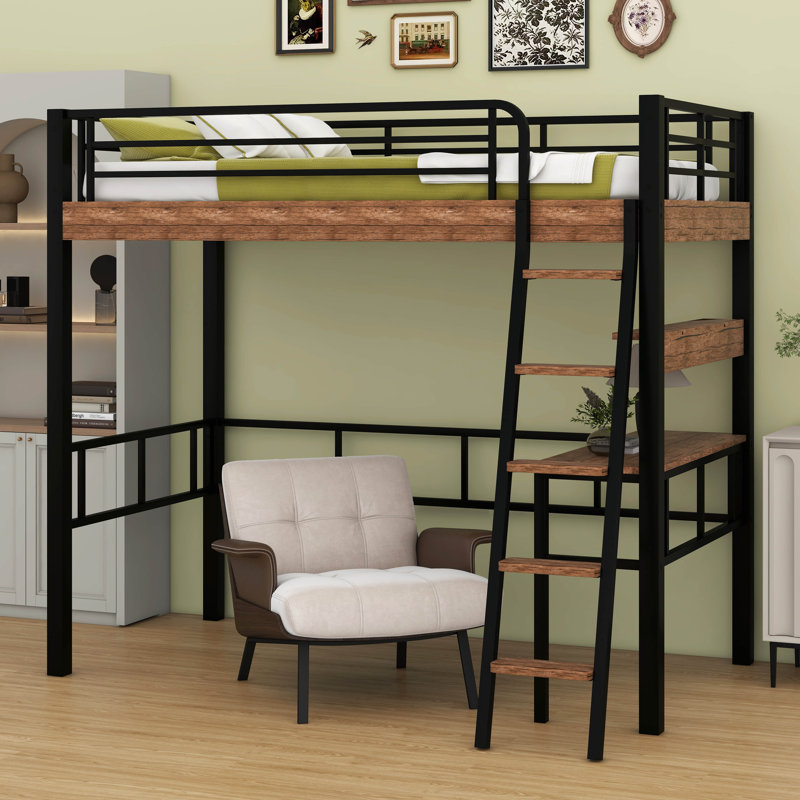 Structure de lit mezzanine en métal avec DEL et tablette de rangement, lit mezzanine avec bureau intégré, Lit simple