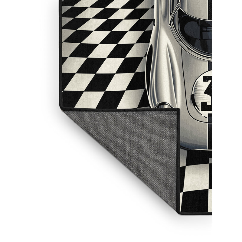 Tapis moelleux moelleux de voiture de course rétro à carreaux rétro noir - reliure noire, 5 x 7