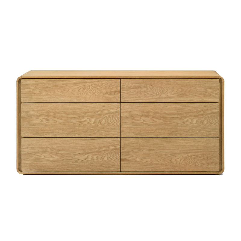 Commode Aki de 59 po de largeur, 6 tiroirs, bois d'hévéa naturel brun et placage