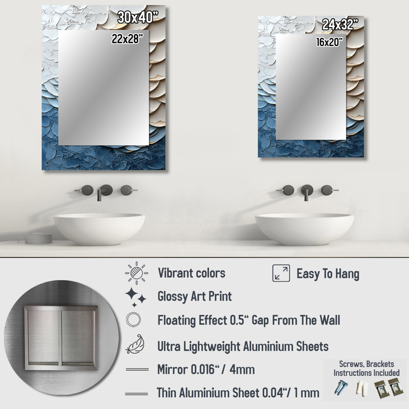 Blanc et bleu côtier mosaïque I - miroir décoratif côtier, grand miroir mural bleu, impression d'art en métal, 32 po x 24 po