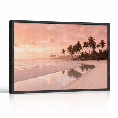 Pink Sunset Sky Over Tropical Beach With Palm Trees Canvas Wall Art