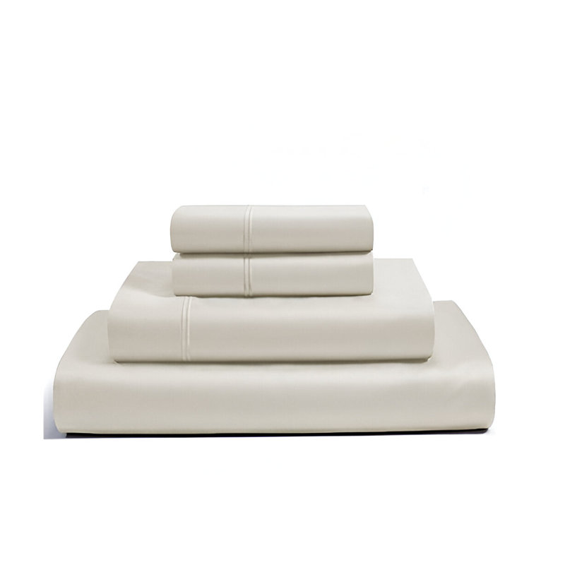 400TC Luxurious Double Embroidery Sateen Solid Cotton 4 Piece Sheet Set Fitted Sheet Fits Upto 16" Deep Pocket, Ivory