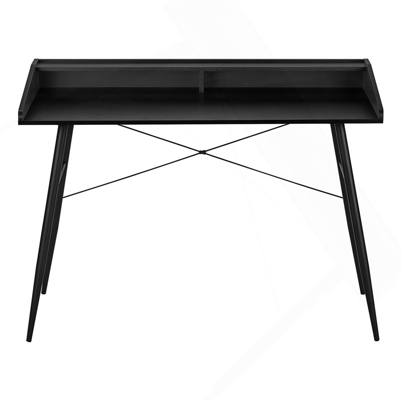 Bureau d'ordinateur moderne avec huche, tablettes de rangement et structure en métal robuste pour des espaces de travail à domicile efficaces.