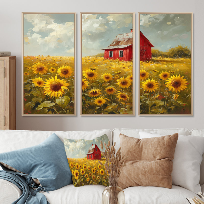 Paula - Ensemble de décoration murale tournesols, Toile naturelle avec cadre flottant, H 40 po x l 60 po x P 1 po
