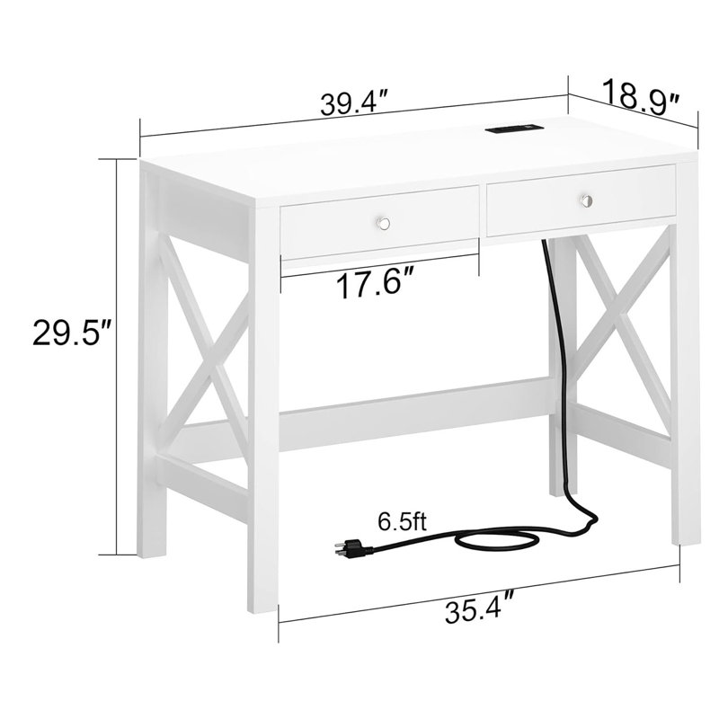 Farmhouse Desk With USB Charging Ports And Power Outlets, 39" Computer Desk With Drawers, Small Study Writing Table With Stable X Frame For Home Office