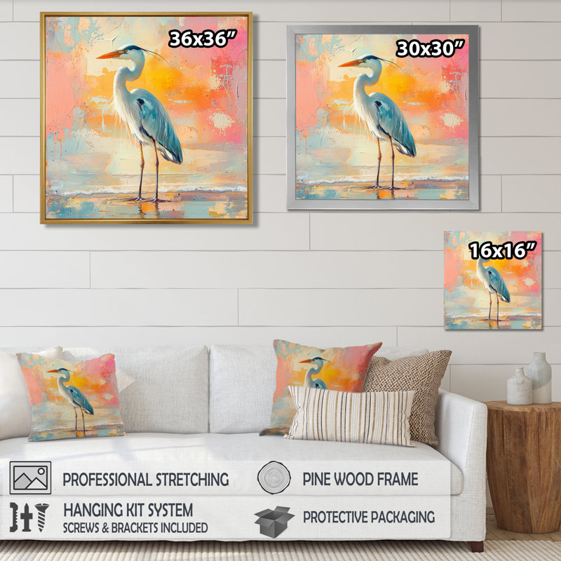 Aurelindo, héron sur le rivage - héron, art mural, H 16 po x l 16 po, Reproduction encadrée d'une seule photo, Argent argent