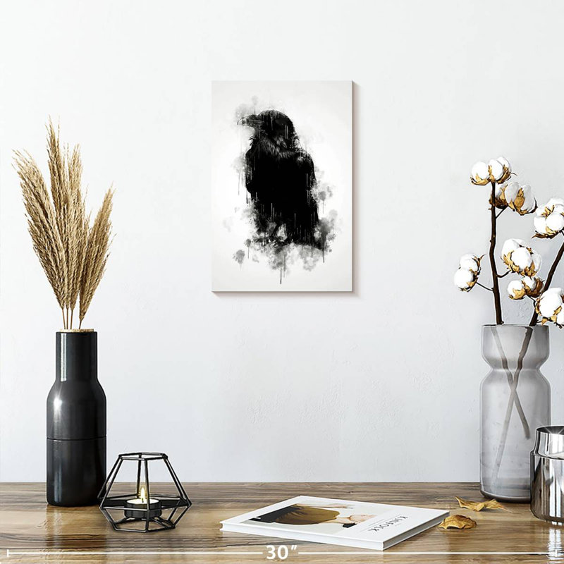 Corbeau Brampt en noir et blanc, H 12 po x l 8 po