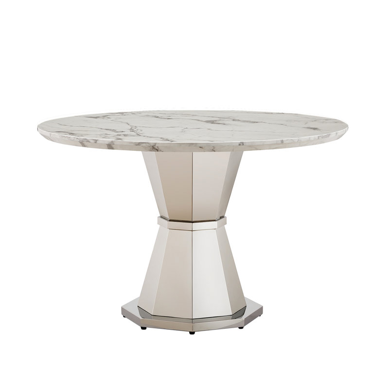 46.3 - Inch Round Dining Table With Faux Marble Surface And 8k Mirror Polished Stainless Steel Legs, Silver White, Ideal For Office Home Table, Exquisite Design, Desk