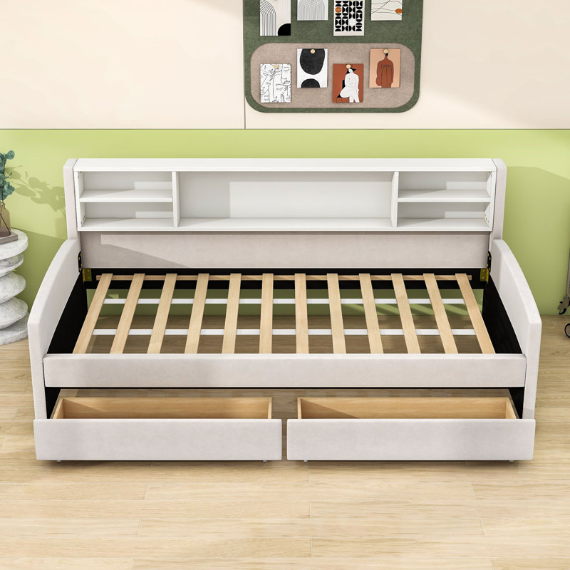 Twin Upholstered Daybed with Shelves and Drawers, Beige