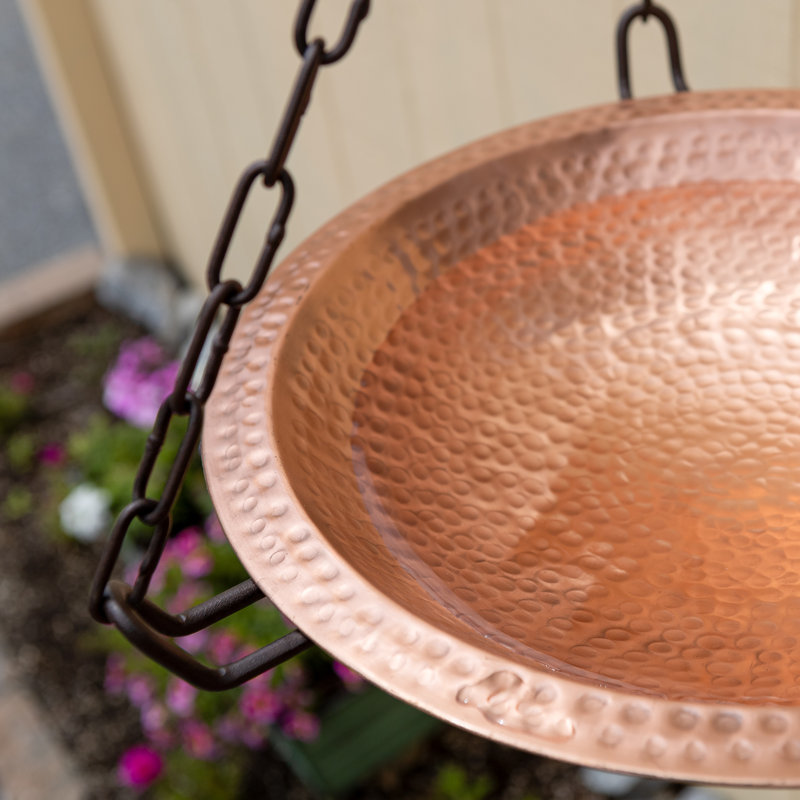 Solid Copper Hanging Birdbath with Black Chain