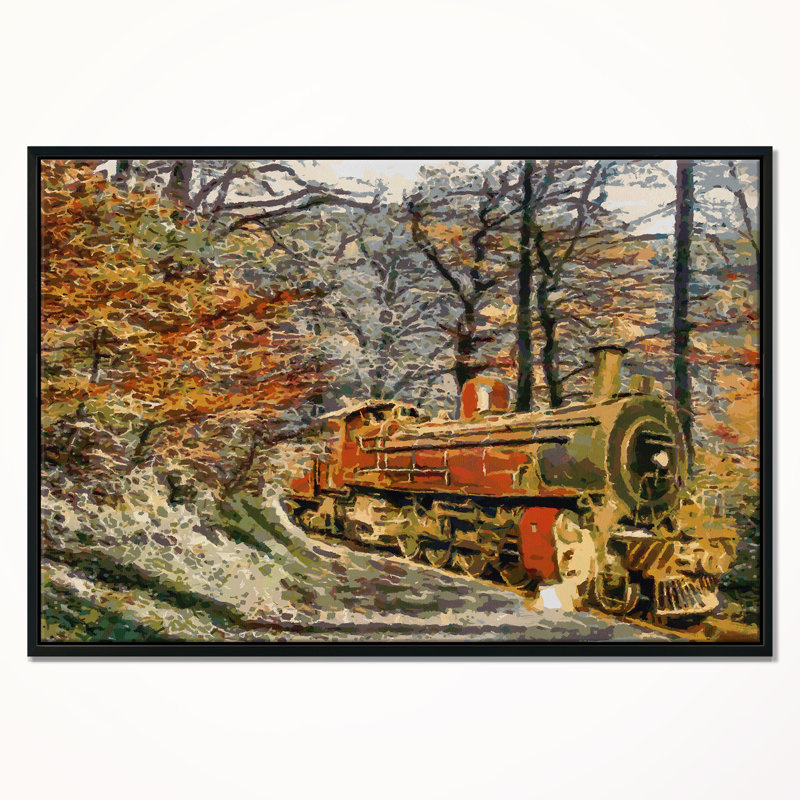 Train in Forest - Reproduction de paysage sur bois de pin naturel, H 20 po x l 20 po x P 1 po, Toile avec cadre flottant