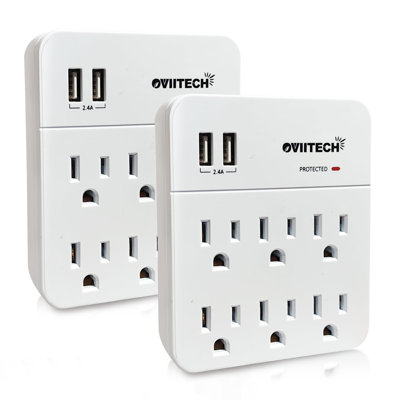 6 Outlet Extender Surge Protector Wall Mount Adapter with Dual 2.4A USB Charging Ports,Oviitech Multi Plug Outlets,6 AC Socket Outlet Splitter,900 Joules Surge Suppression,White, ETL Certified（2 Pack）