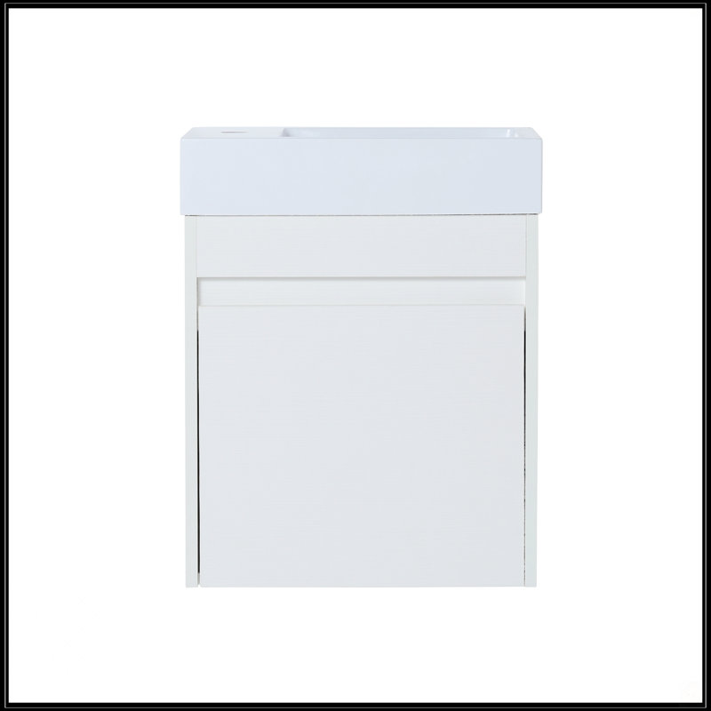 Meuble-lavabo mural 18 po avec lavabo en résine blanche et porte d'armoire à fermeture en douceur 18 po, Grain droit blanc