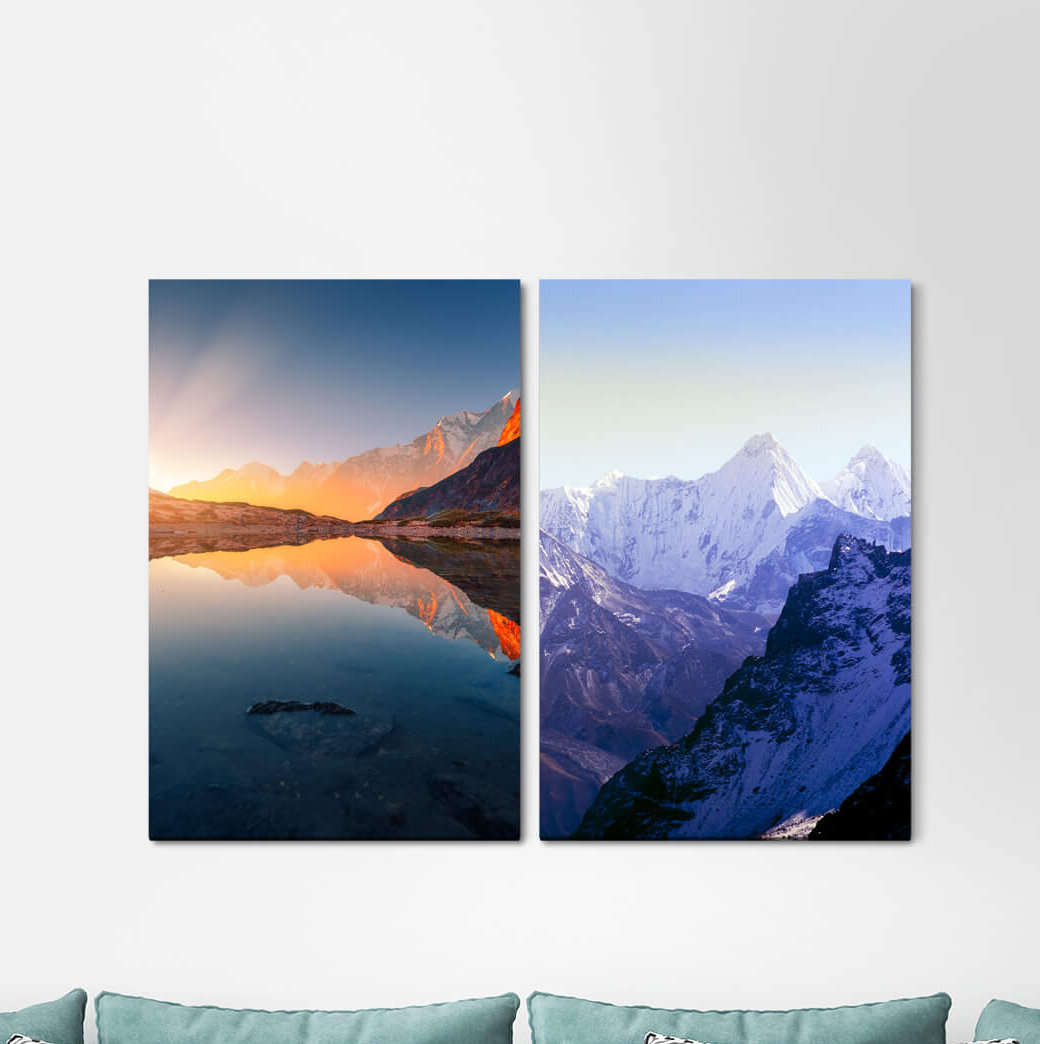 2-tlg. Leinwandbilder-Set - Grafikdruck "Gebirgssee-Natur Himalaya-Wolken-Gebirgsreflexion"