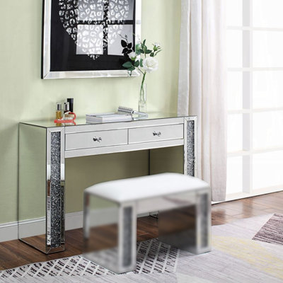47.4" W VANITY DESK, MIRRORED & FAUX DIAMONDS