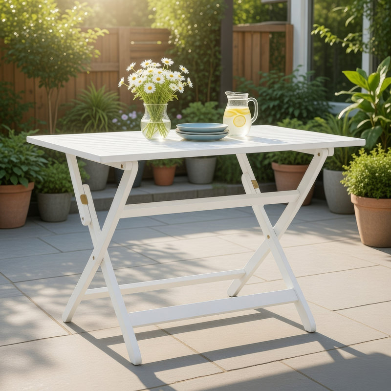 Cami Outdoor Foldable Dining Table, Rectangular 44 Inch, White Wood, White