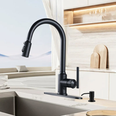 High Arc Single Handle Stainless Steel Kitchen Sink Faucet With Soap Dispenser Pull-Down Sprayer Faucet, 1 Or 3 Holes
