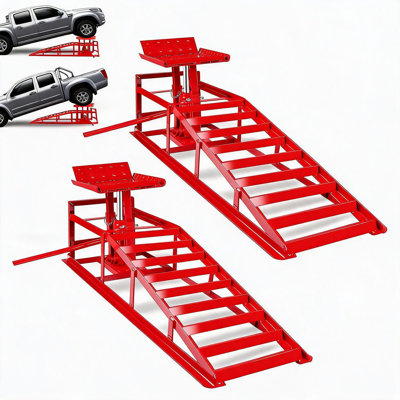 Heavy Duty Hydraulic Car Ramps 5 Ton/12,000 lbs - Low Profile Steel Lift Ramps - Adjustable Height 9.3"-15" - 2 Pack - Portable Service Ramps for Trucks, SUVs, Trailers, Oil Changes, Maintenance - Red