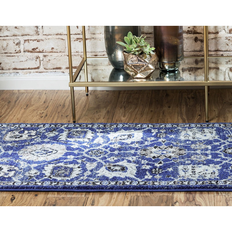 Tapis oriental bleu / beige Kasha, Tapis de couloir 2 pi 7 po x 10 pi