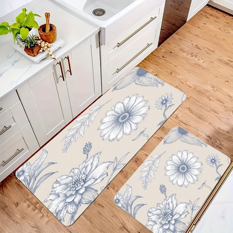 Blue Floral Pattern, Kitchen Mats Set Of 2, Blue/Beige Floral