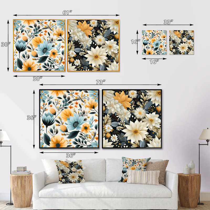 Montpetit - Ensemble de 2 collages floraux carrés, Cadre flottant noir, H 30 po x l 61 po