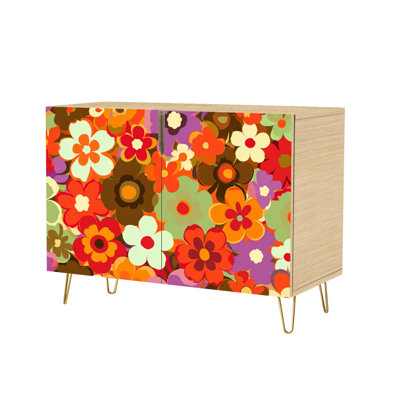Buffet Buffet avec rangement coloré floral rétro style années 70 en tissu nostalgique avec 2 portes pour le salon et la cuisine