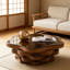 Table basse avec plateau en verre trempé en forme de nuage, base en bois ondulé irrégulier avec finition noyer, table à cocktail artistique moderne pour le salon, appartement et petits espaces
