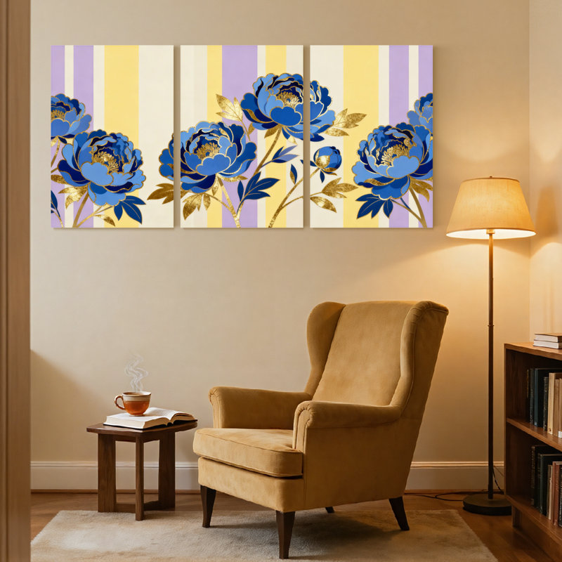 Plantes et fleurs, fleurs bleues, feuilles d'or, fond rayé, ensemble de 3 reproductions d'art sur toile, H 18 po x l 36 po
