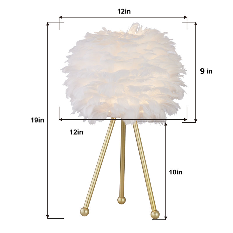 Lampe de table trépied dorée moderne 19 po Marjorie, Plume blanche