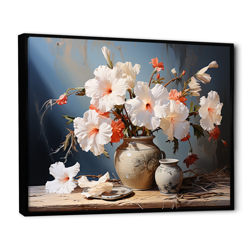 «Hibiscus Farmhouse Still Life Memory» sur toile, Cadre flottant noir, H 16 po x l 32 po