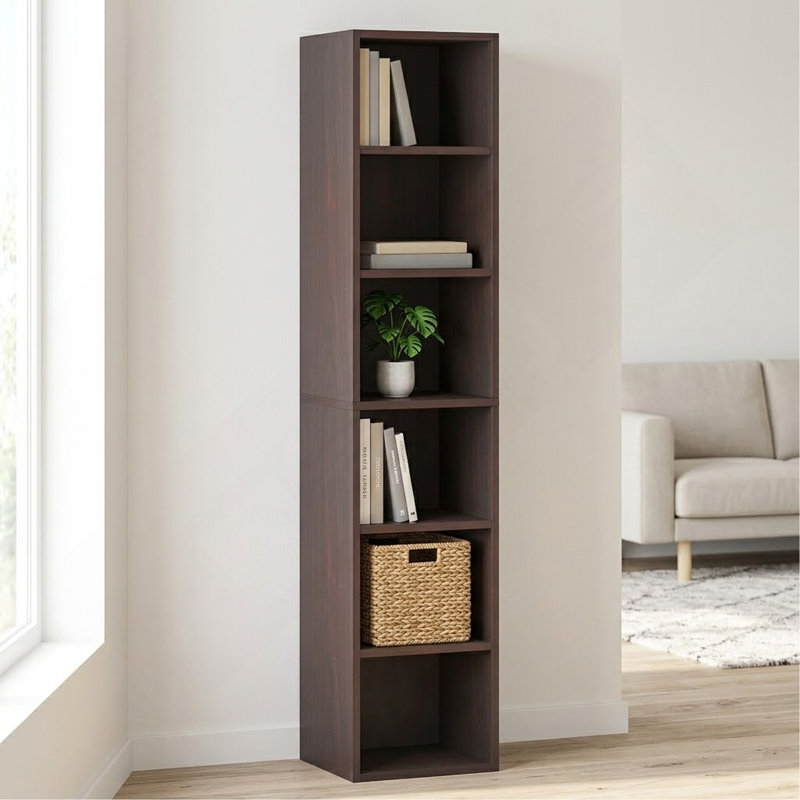 Bibliothèque de coin 70,9 ", tablettes étroites modernes à 6 niveaux, Noir