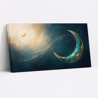 Teal Crescent Moon and Golden Sun with Starry Trail Canvas Wall Art