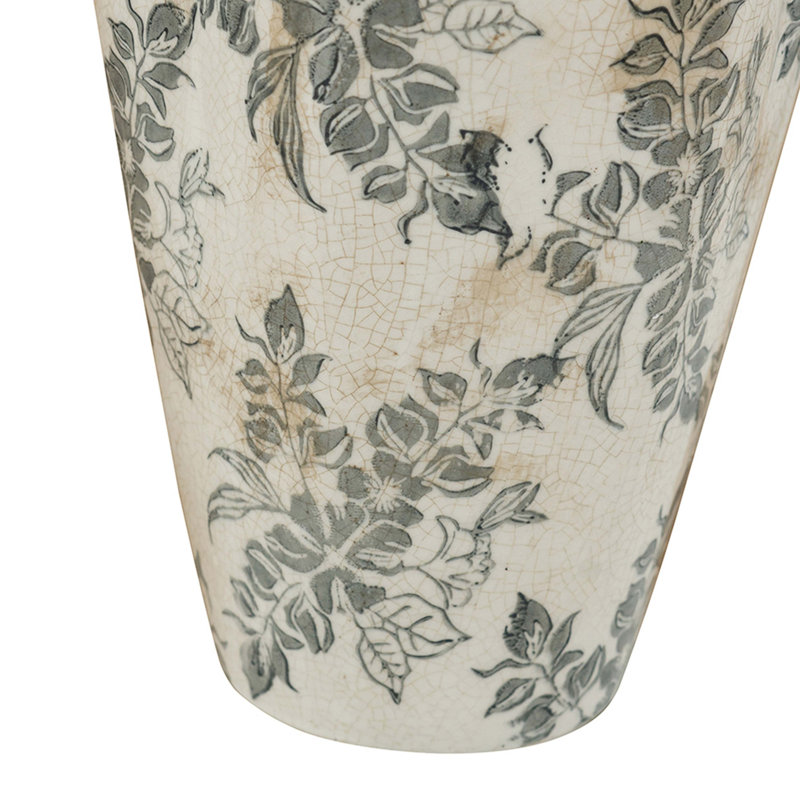 White Ceramic Accent Vase With Gray Floral Design, 11.6" H x 6.7" W x 6.7" D
