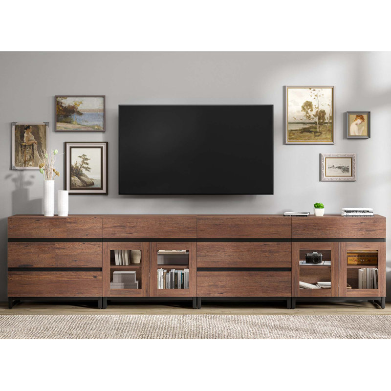 Modern 4 In 1 TV Stand For Tvs , TV Console With Glass Doors And 8 Drawers, Entertainment Center With Adjustable Shelf For Living Room